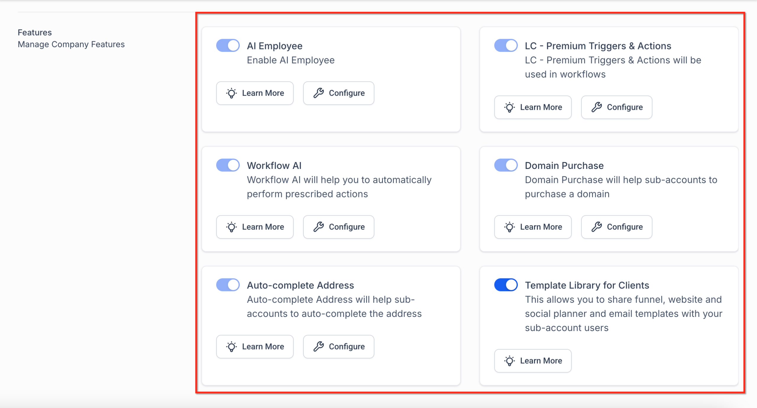 GoHighLevel Feature Toggles Screenshot of the Feature Toggles section in GoHighLevel Basic Details, showing options for AI Employee, Workflow AI, Auto-complete Address, LC Premium Triggers & Actions, Domain Purchase, and Template Library.