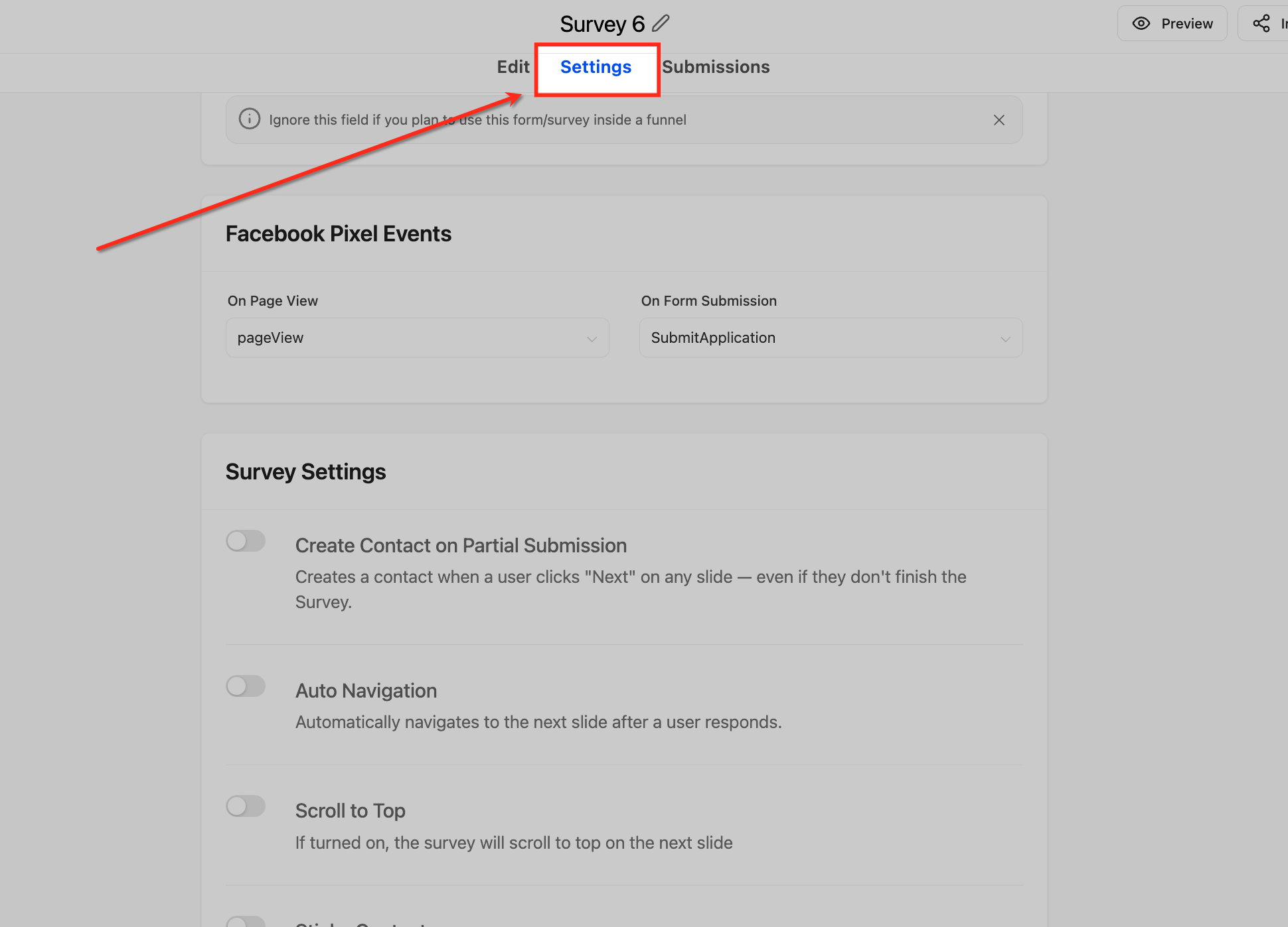 GoHighLevel Survey Builder with the 'Survey Settings' tab highlighted