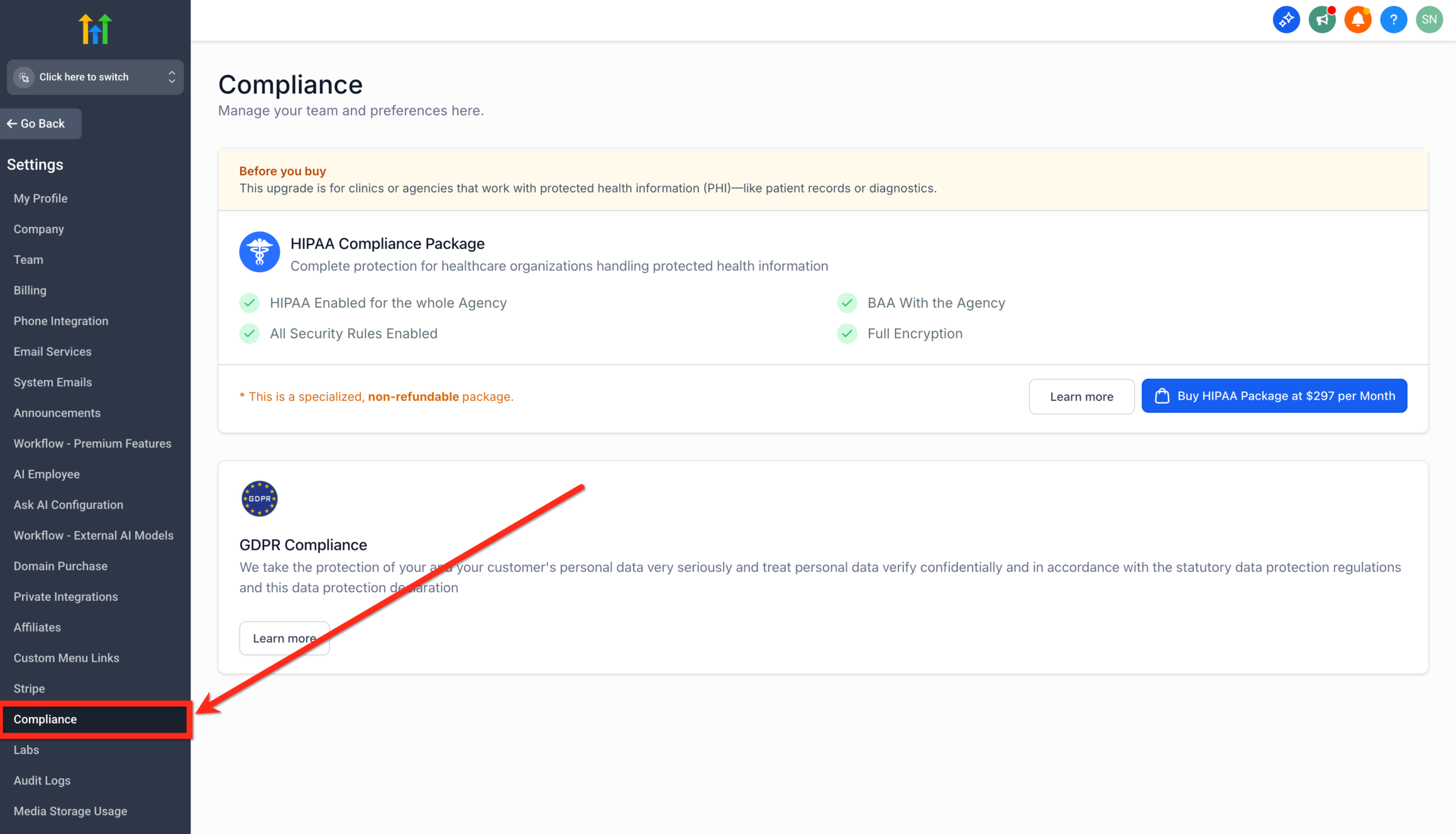 Screenshot showing 'Compliance' selected under agency settings in HighLevel.