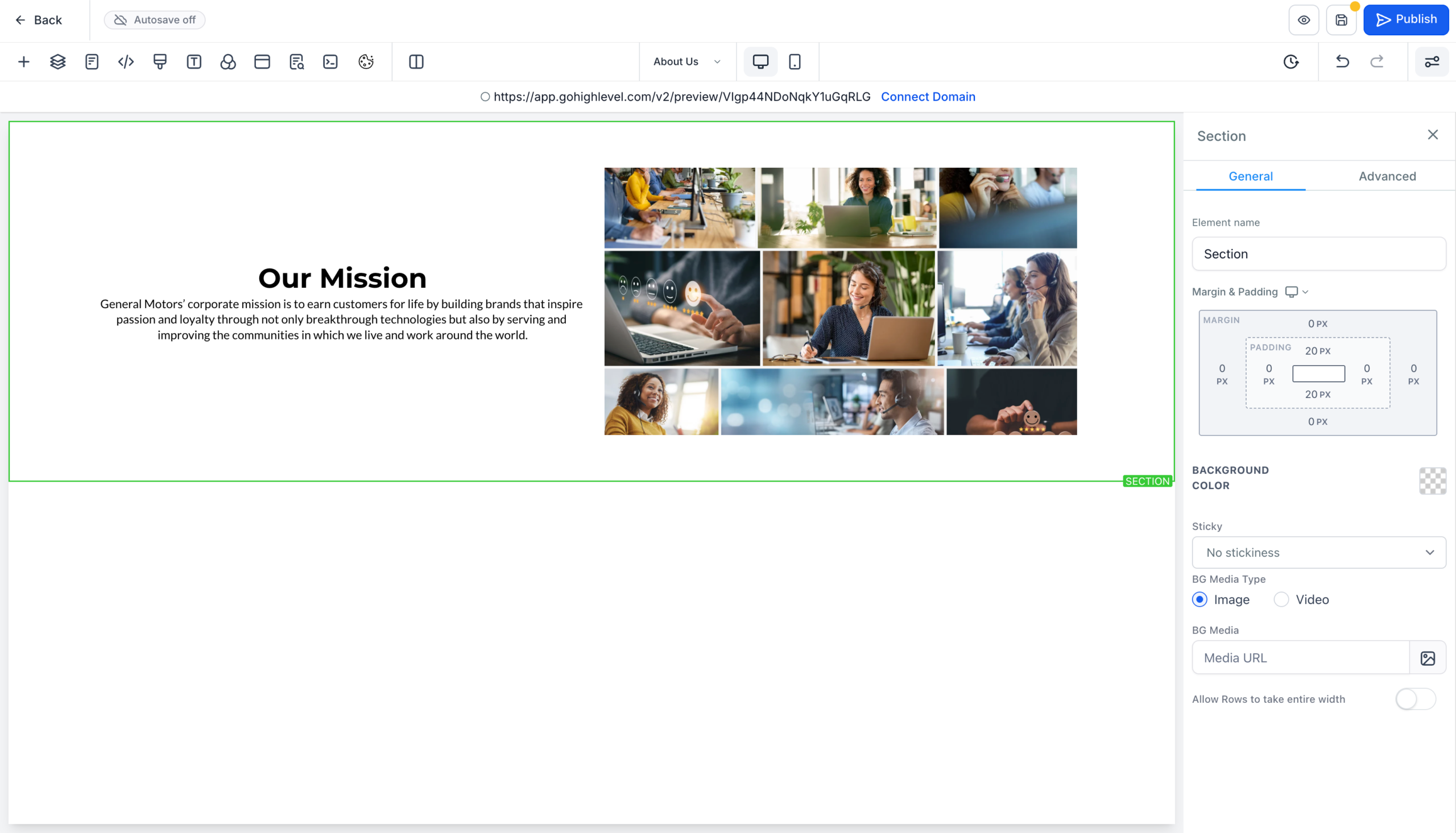 GoHighLevel website builder showing a page with text and image elements added, demonstrating content building.