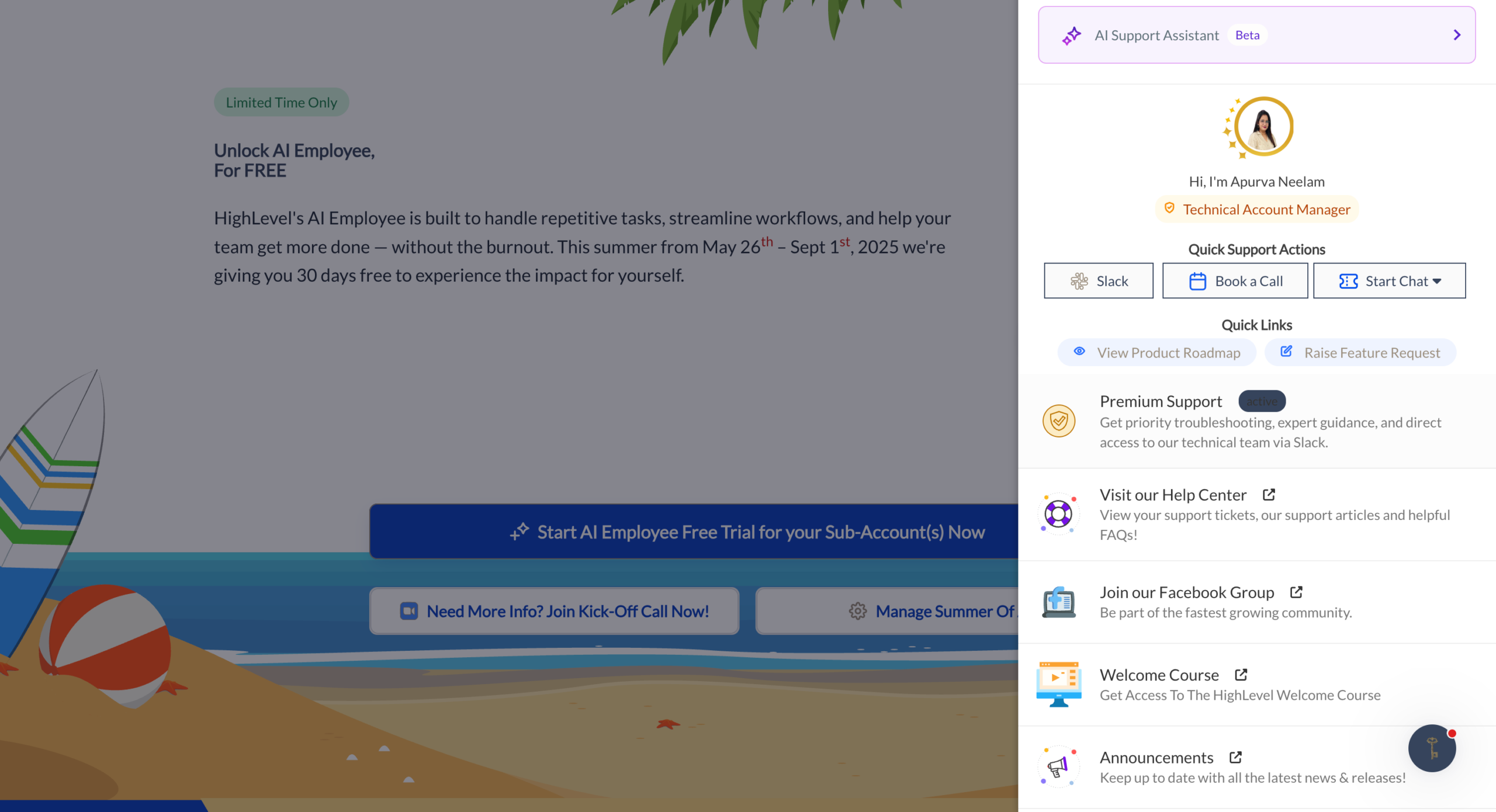 Premium Support Slack Button Screenshot showing the GoHighLevel Premium Support panel with a prominent 'Slack' button to initiate the channel setup.