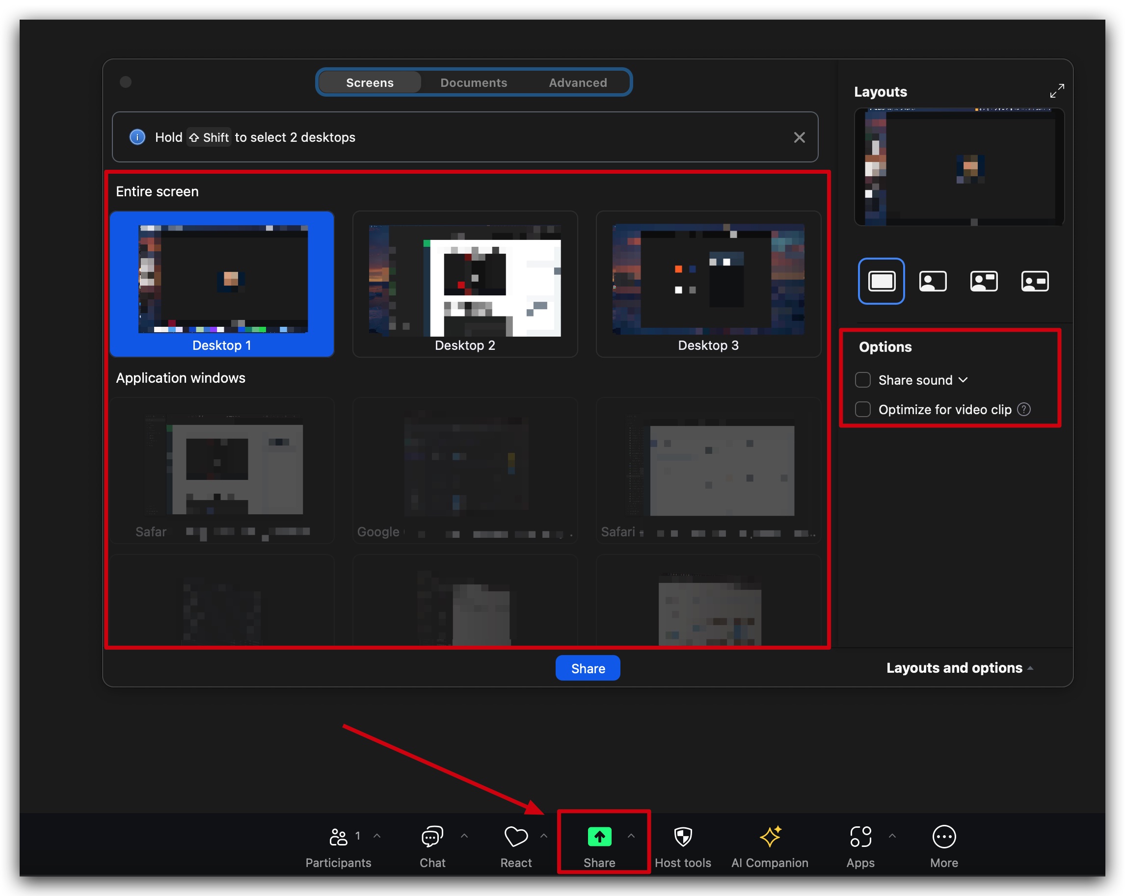 Zoom 'Share Screen' dialogue box displaying options to share desktop, specific applications, or whiteboard.