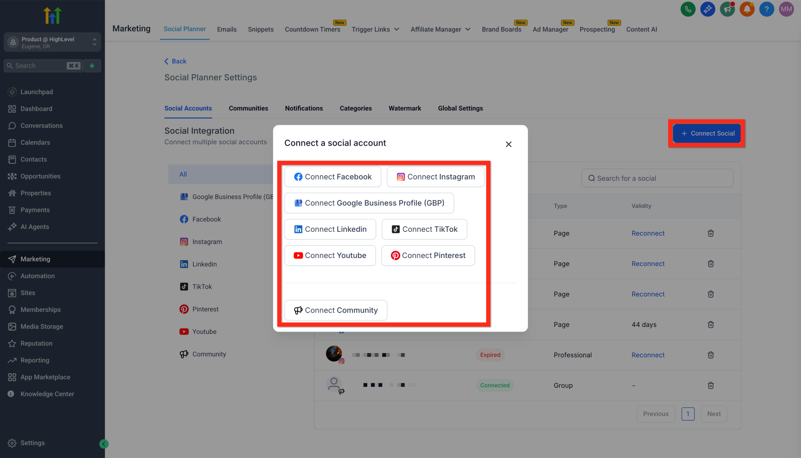 Settings interface for connecting additional social media accounts, showing various platform options.