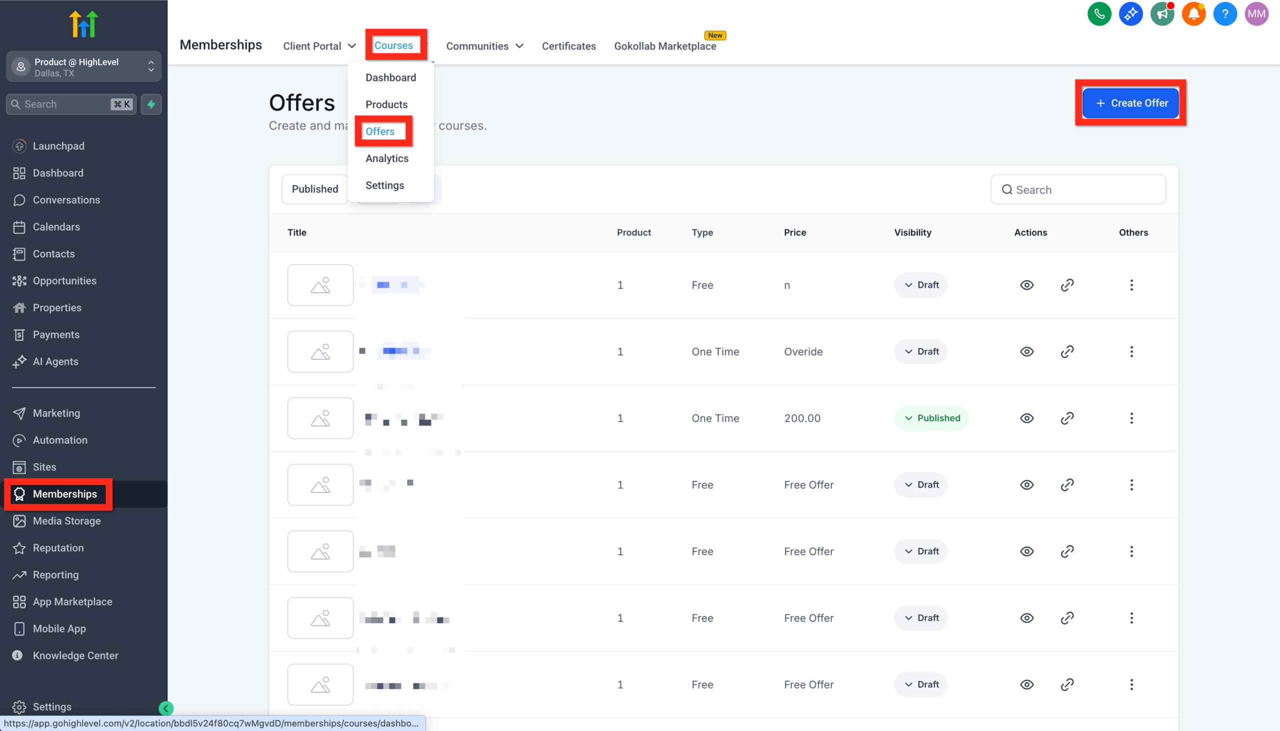 Screenshot showing the 'Create Offer' button in GoHighLevel Memberships > Courses > Offers section