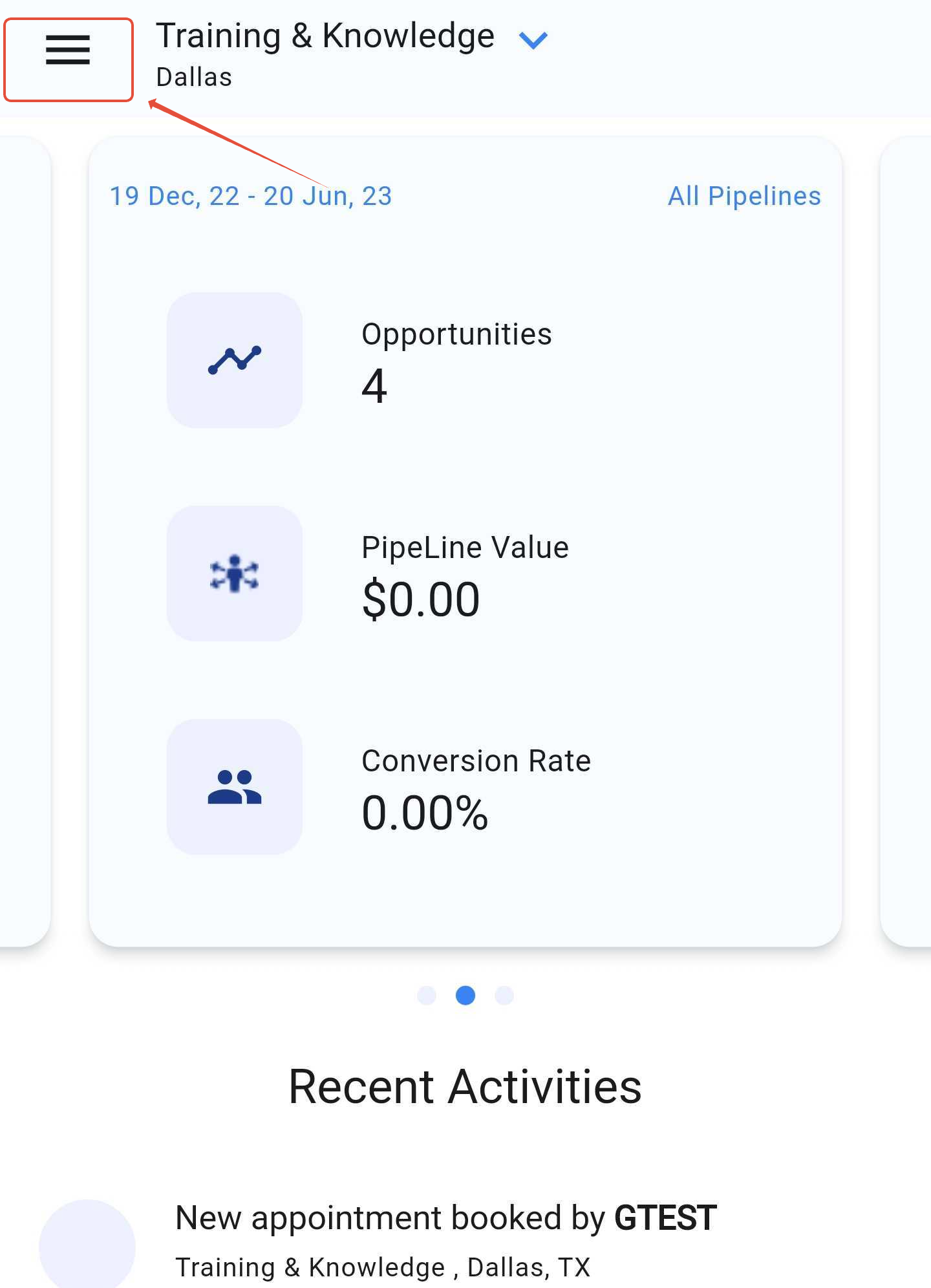 Screenshot of the GoHighLevel mobile app showing the hamburger menu icon in the top left corner.