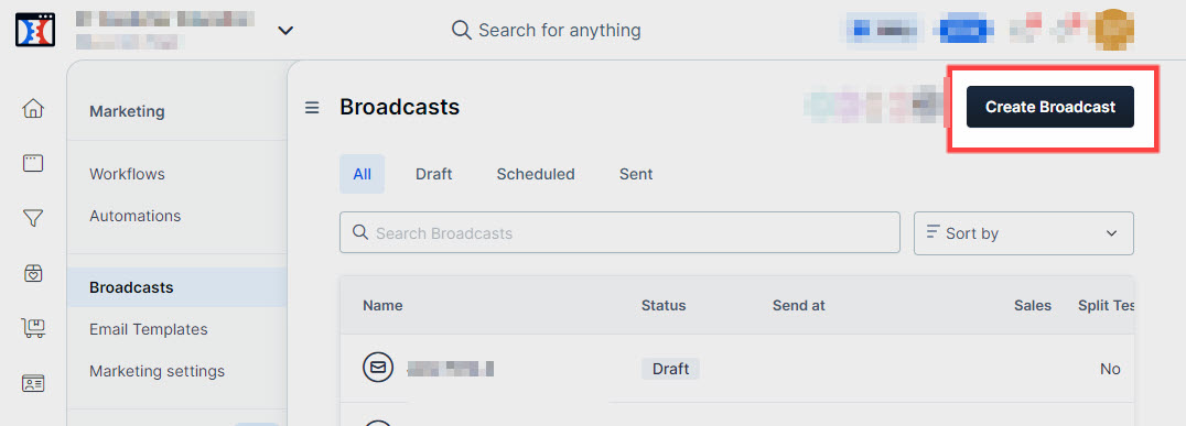 Screenshot of the HighLevel Email Marketing dashboard, displaying an overview of email campaigns, broadcasts, and automation workflows.