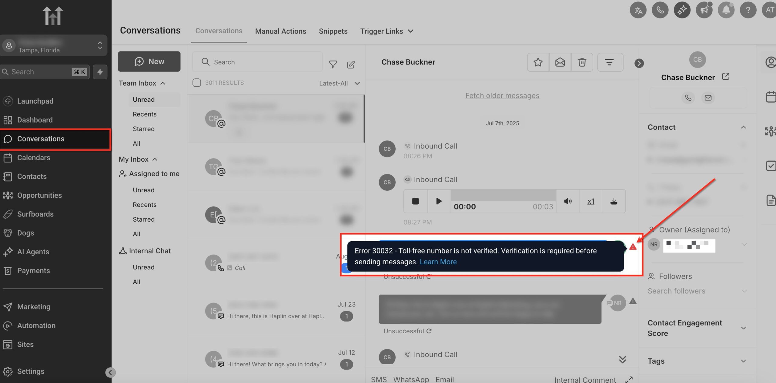 Conversation Error View Screenshot showing an SMS delivery error message within the GoHighLevel Conversations view, indicating a failed message.