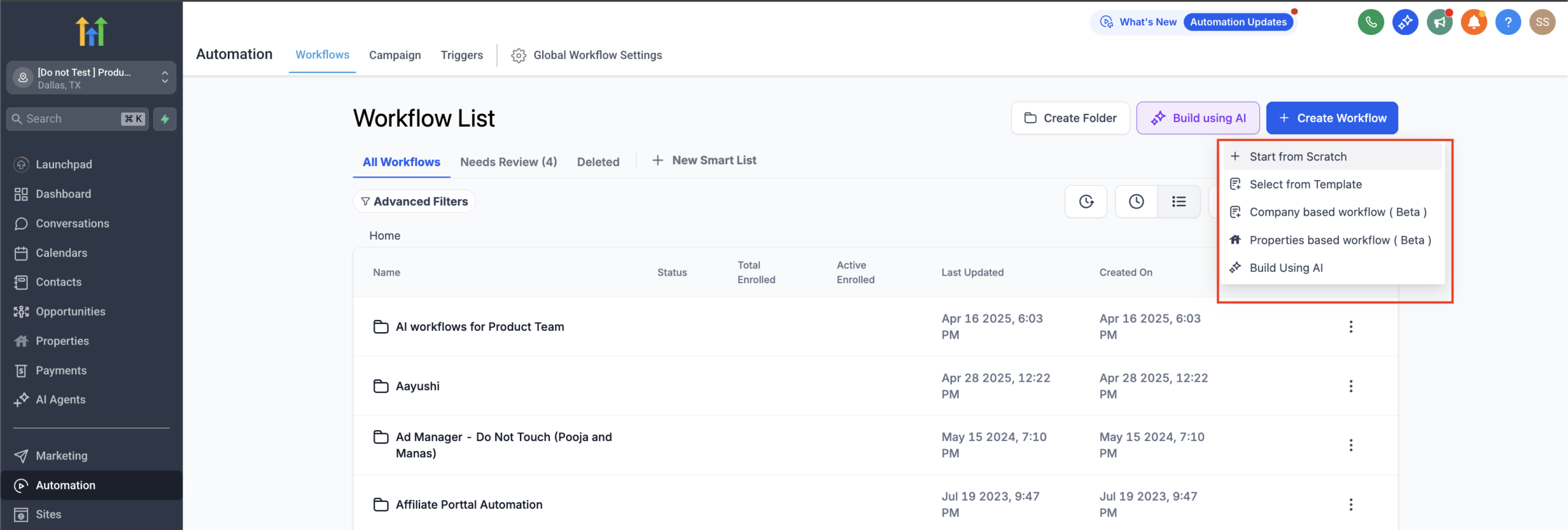 GoHighLevel Select Start from Scratch Workflow Template