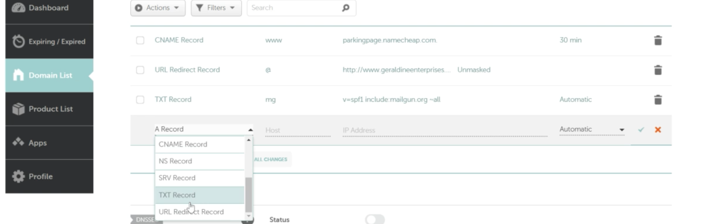 Namecheap Select TXT DKIM Screenshot of Namecheap DNS record type dropdown showing TXT record selected for DKIM
