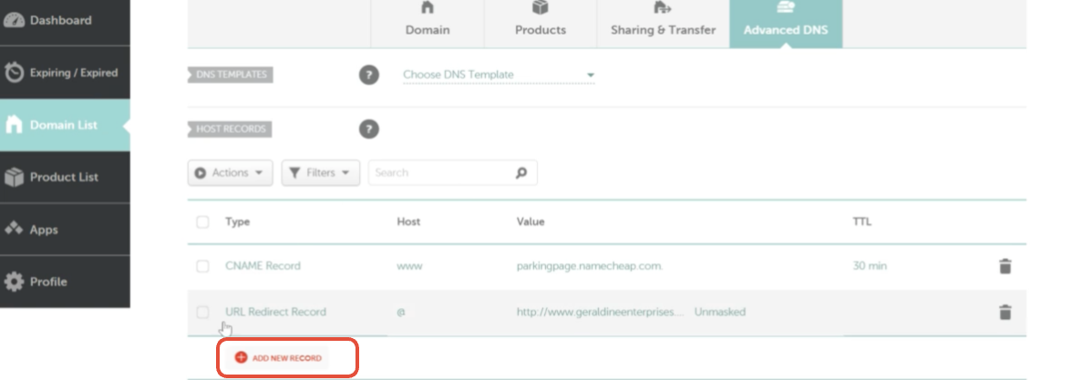 Namecheap Add Record Button Screenshot of Namecheap Advanced DNS page showing 'Add New Record' button