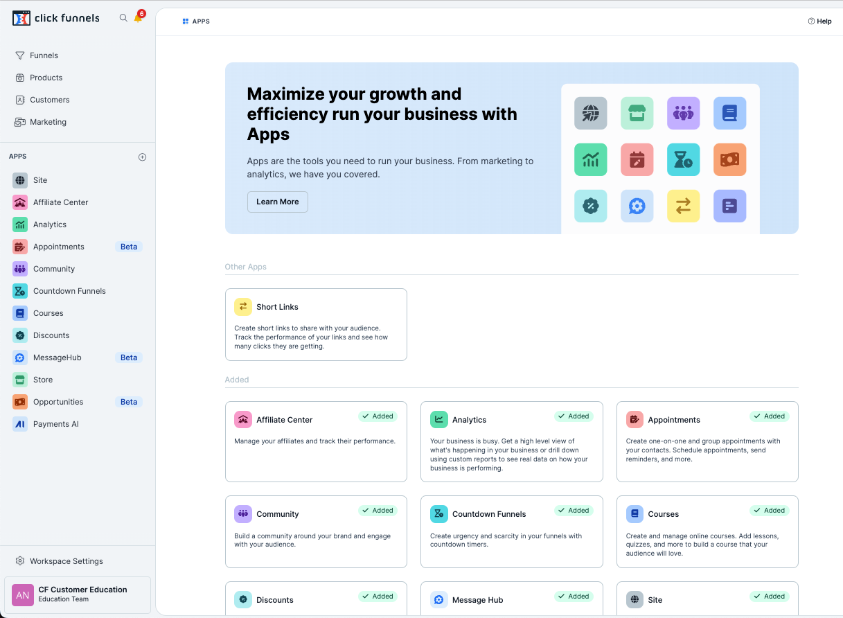 Screenshot of the ClickFunnels 2.0 dashboard menu showing default apps like Funnels, Products, Customers, and Marketing, with options to add more applications like Opportunities, Sites, Automation, Courses, and Store.