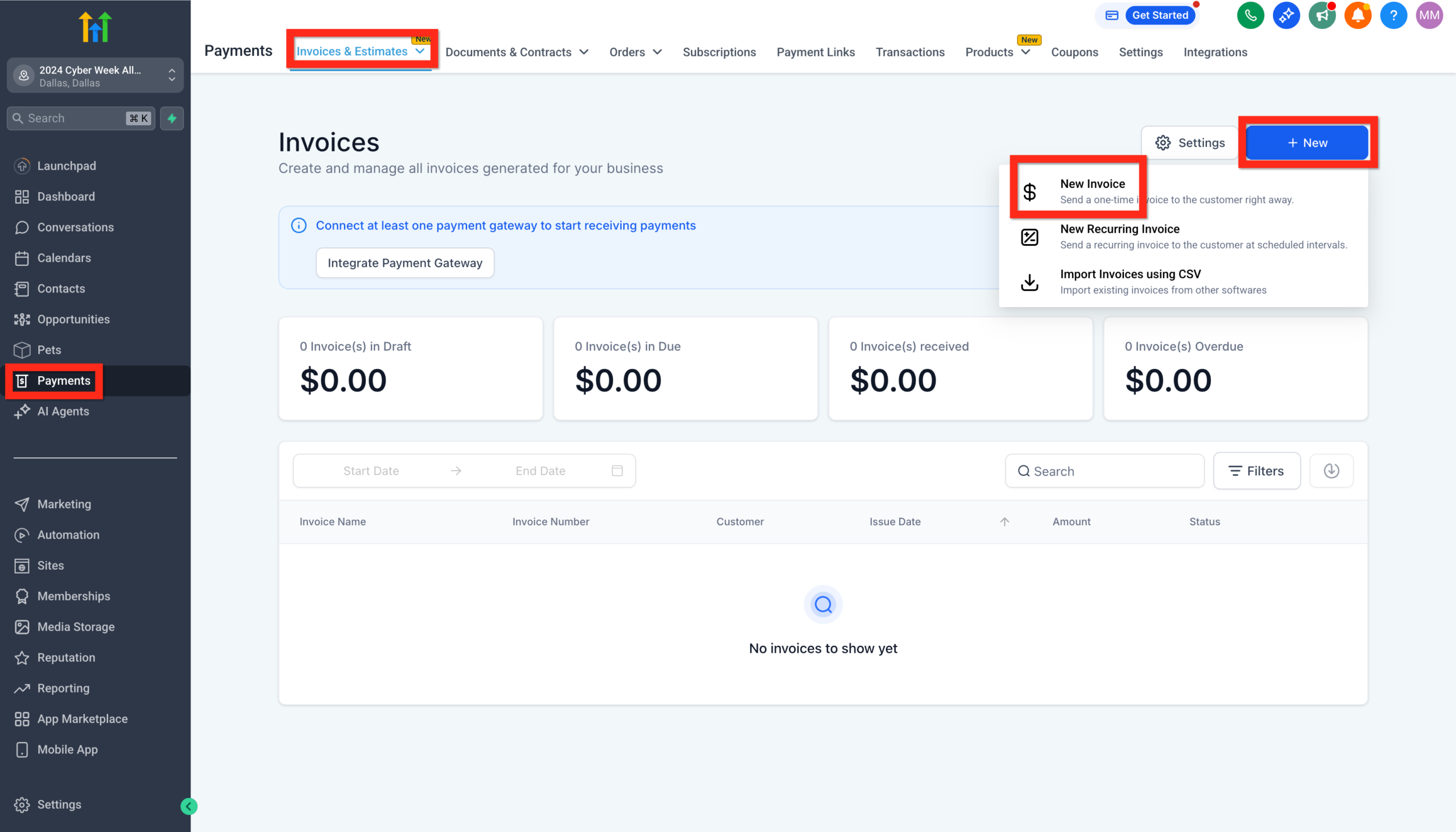 GoHighLevel New Invoice Screenshot showing the 'New' button dropdown in GoHighLevel, with 'New Invoice' selected to initiate invoice creation.