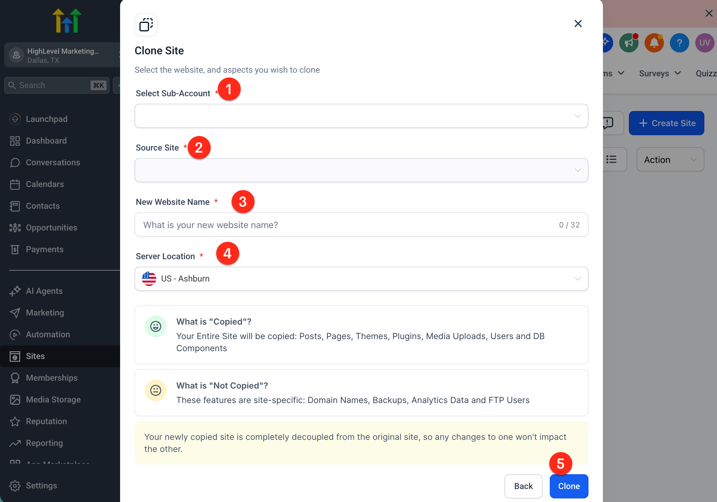Configure WordPress Clone Screenshot of the HighLevel WordPress cloning interface, displaying options to choose a destination sub-account and name the cloned site.