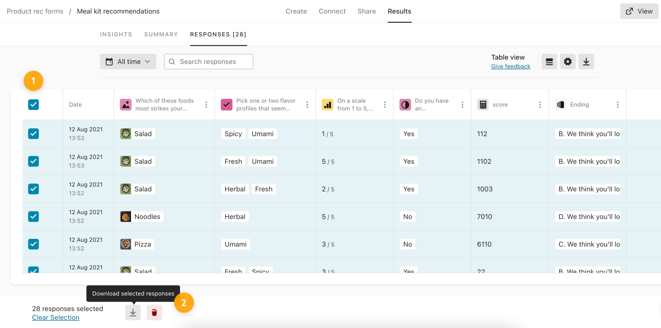 Exporting Typeform Responses to CSV Screenshot showing the Typeform "Results" section with "Responses" selected, highlighting the download CSV icon.